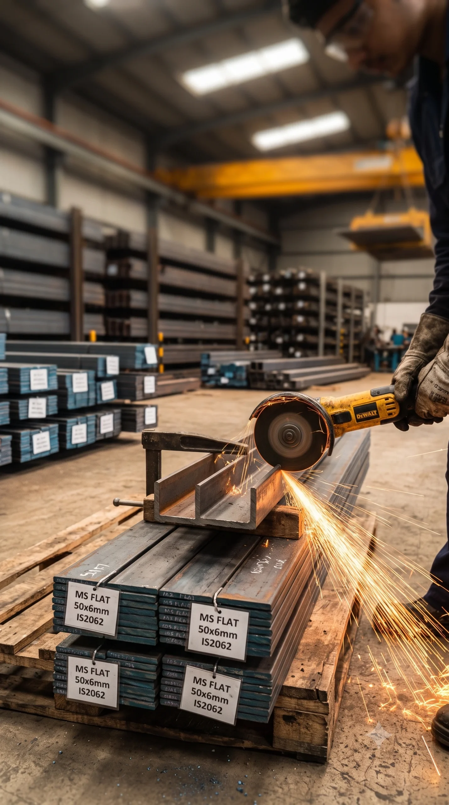 A worker using an angle grinder to cut and finish heavy MS Flat steel bars on a wooden pallet in a steel factory, with bright sparks flying and labeled MS Flat bundles stacked nearby.