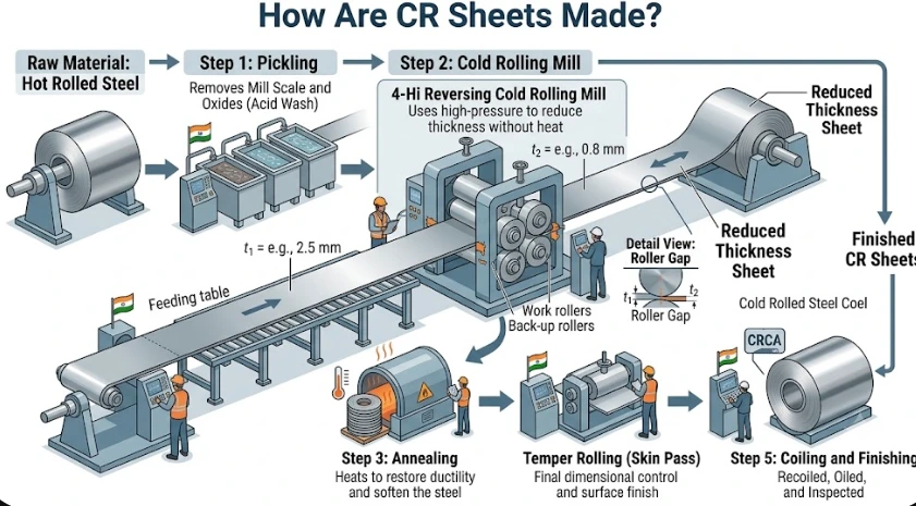 Clean photograph of stacked CR steel sheets showing their smooth metallic surface.