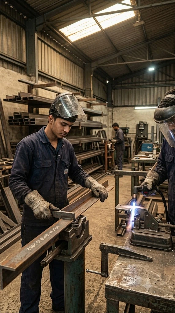 Fabricators measuring and welding an MS Channel using a gas cutting torch in an industrial steel warehouse.