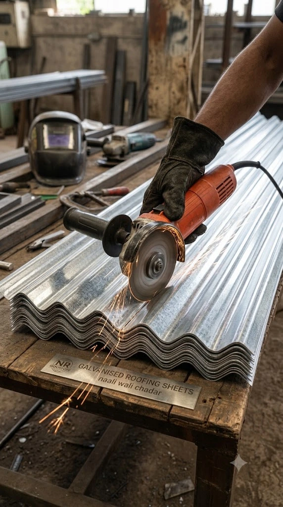 Metal cutter cutting silver corrugated roofing sheet naali wali chadar with sparks at NR Iron Store workshop