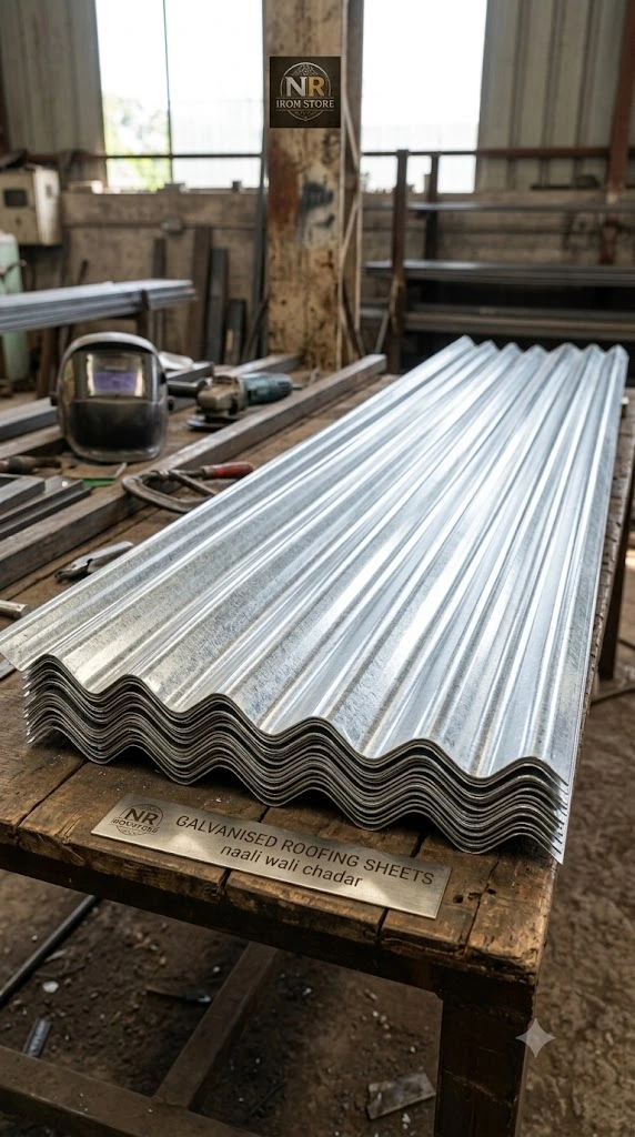 High quality galvanized corrugated silver roofing sheet naali wali chadar stack at NR Iron Store workshop
