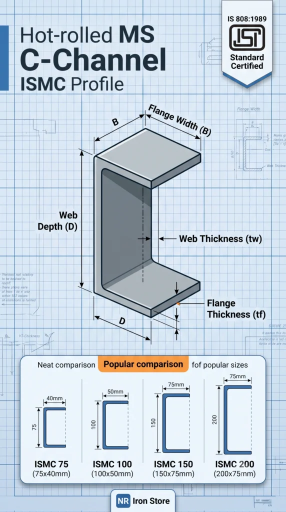 ISMC MS Channel sizes and dimensions cross section diagram showing web depth flange width IS 808 standard - NR Iron Store