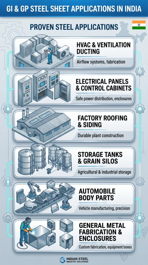 Major industrial uses and fabrication applications of GI and GP galvanized steel sheets in India