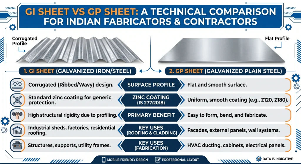 GI vs GP sheet comparison infographic showing differences in surface profile coating standards and applications