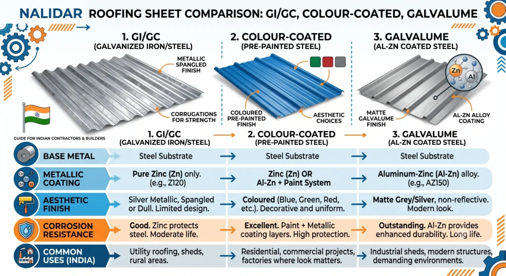 Comparison between GI GC Colour Coated and Galvalume Nalidar roofing sheets specifications